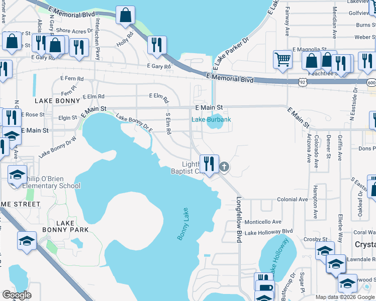 map of restaurants, bars, coffee shops, grocery stores, and more near 441 South Elm Road in Lakeland