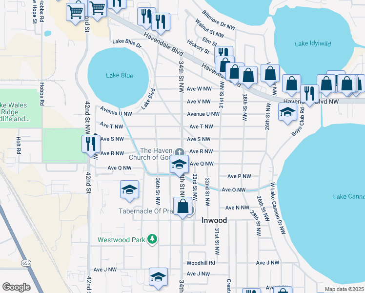map of restaurants, bars, coffee shops, grocery stores, and more near 1820 34th Street Northwest in Winter Haven