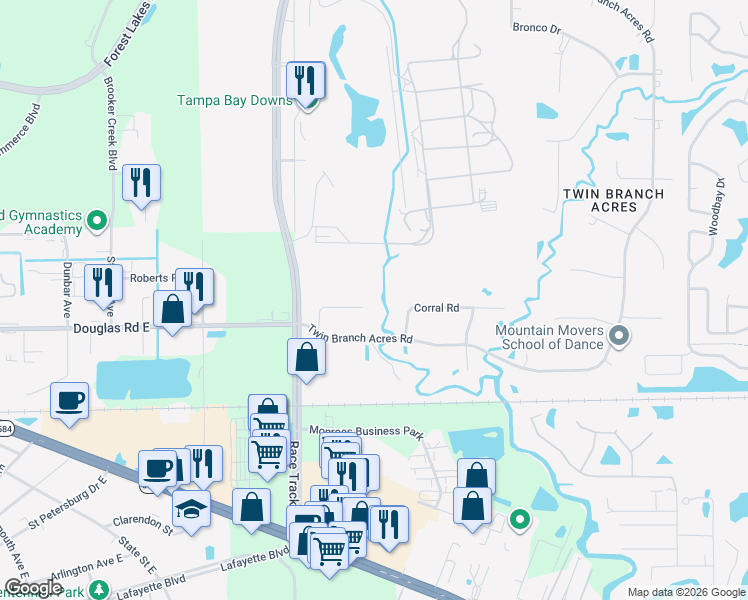 map of restaurants, bars, coffee shops, grocery stores, and more near 12801 Horseshoe Road in Tampa