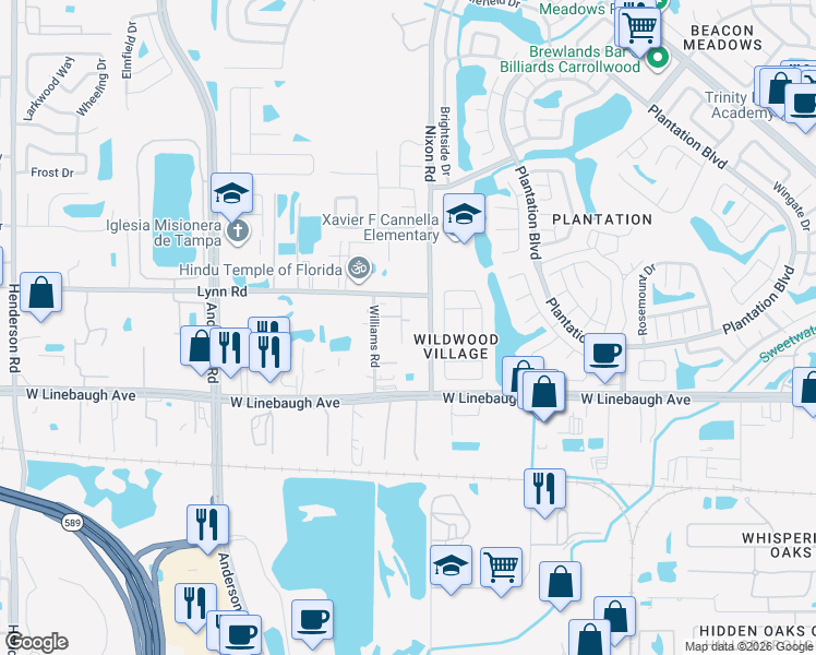 map of restaurants, bars, coffee shops, grocery stores, and more near 10301 Trail Ridge Lane in Tampa