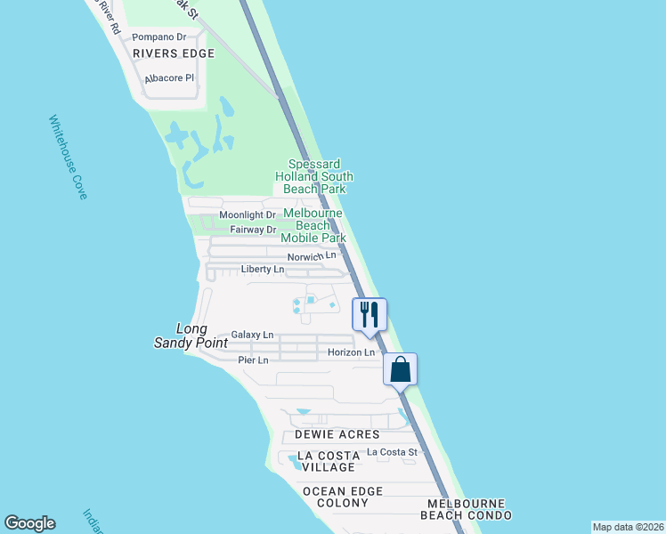 map of restaurants, bars, coffee shops, grocery stores, and more near 217 Liberty Lane in Melbourne Beach