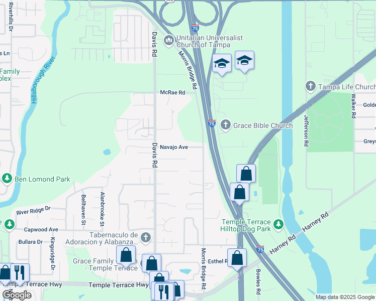 map of restaurants, bars, coffee shops, grocery stores, and more near 10216 Morris Bridge Road in Tampa