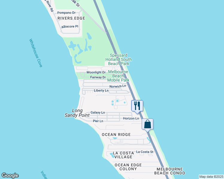 map of restaurants, bars, coffee shops, grocery stores, and more near 241 Liberty Lane in Melbourne Beach
