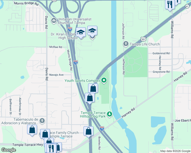 map of restaurants, bars, coffee shops, grocery stores, and more near 9023 Navajo Avenue in Tampa