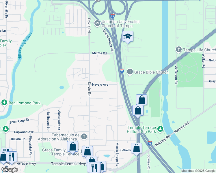 map of restaurants, bars, coffee shops, grocery stores, and more near 10216 Morris Bridge Road in Tampa