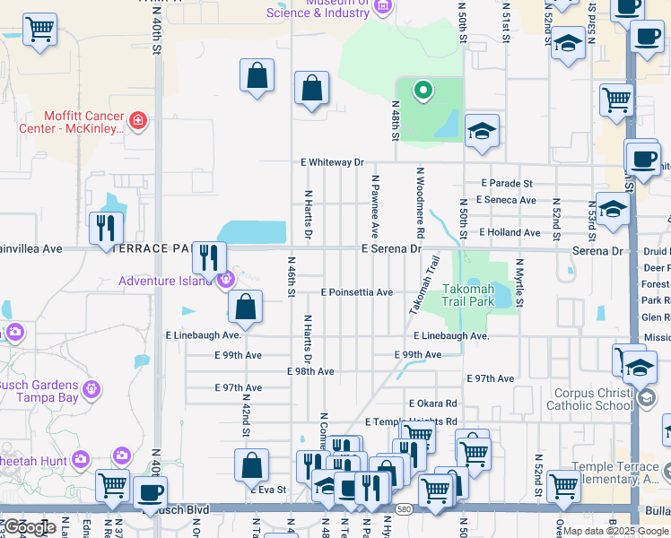 map of restaurants, bars, coffee shops, grocery stores, and more near 4616 East Navajo Avenue in Tampa