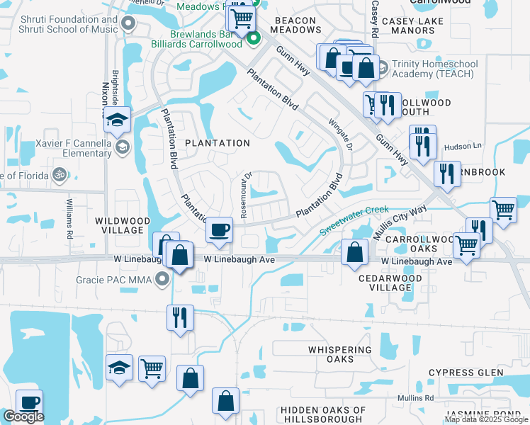 map of restaurants, bars, coffee shops, grocery stores, and more near 10302 Fernglen Place in Tampa