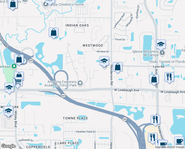 map of restaurants, bars, coffee shops, grocery stores, and more near 10123 Mowry Lane in Tampa