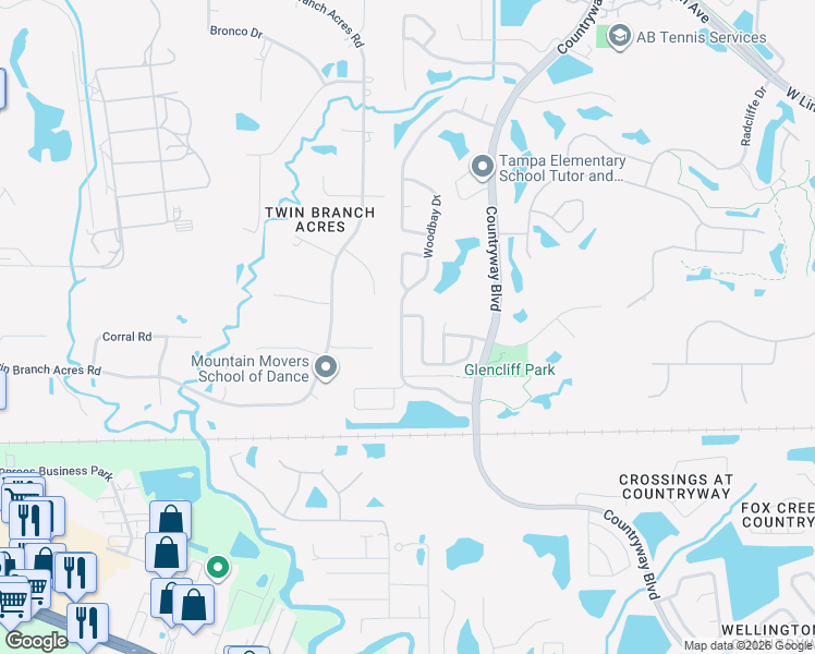 map of restaurants, bars, coffee shops, grocery stores, and more near 9405 Woodbay Drive in Tampa