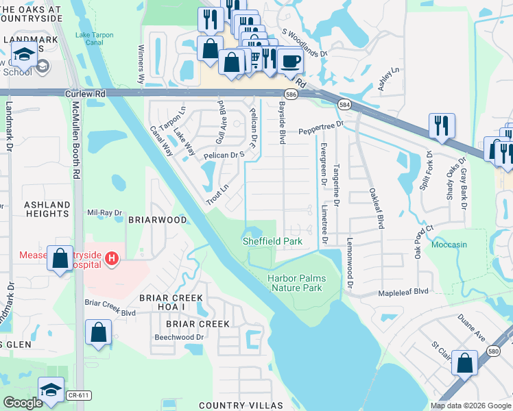 map of restaurants, bars, coffee shops, grocery stores, and more near 2044 Sheffield Court in Oldsmar