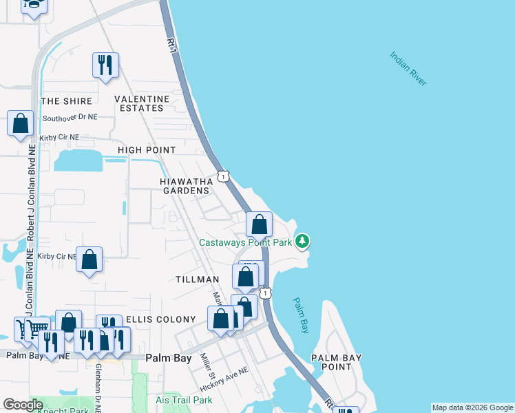 map of restaurants, bars, coffee shops, grocery stores, and more near 3122 Bay Boulevard Northeast in Palm Bay