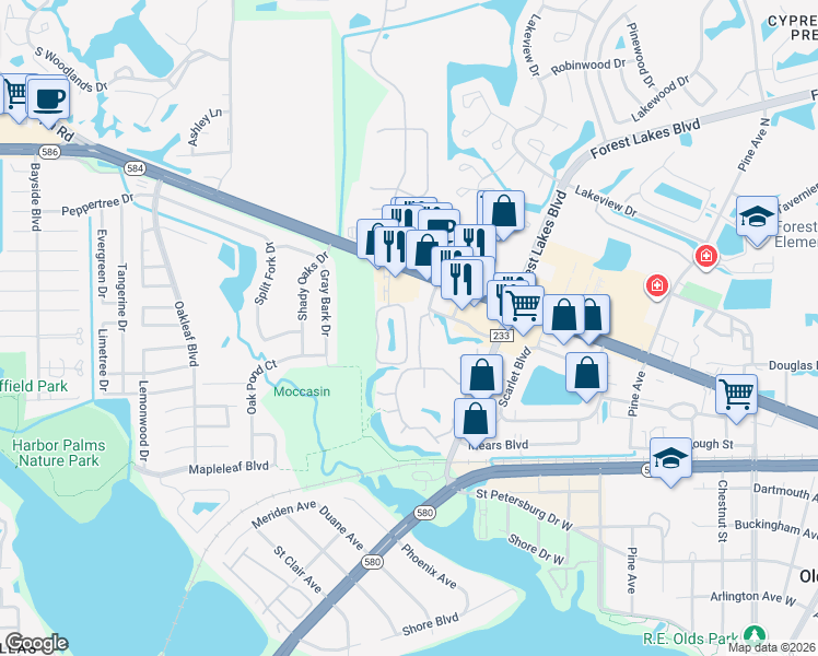 map of restaurants, bars, coffee shops, grocery stores, and more near 62 Emerald Bay Drive in Oldsmar