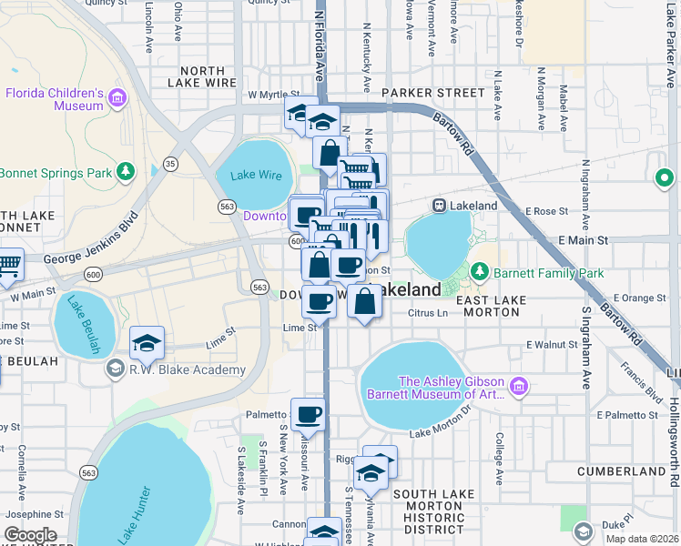 map of restaurants, bars, coffee shops, grocery stores, and more near 205 South Tennessee Avenue in Lakeland