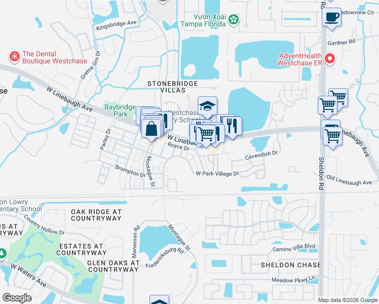 map of restaurants, bars, coffee shops, grocery stores, and more near 10101 Hayfield Way in Tampa