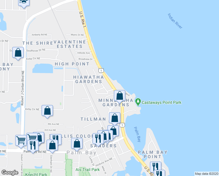 map of restaurants, bars, coffee shops, grocery stores, and more near 2891 Nokomis Avenue in Palm Bay