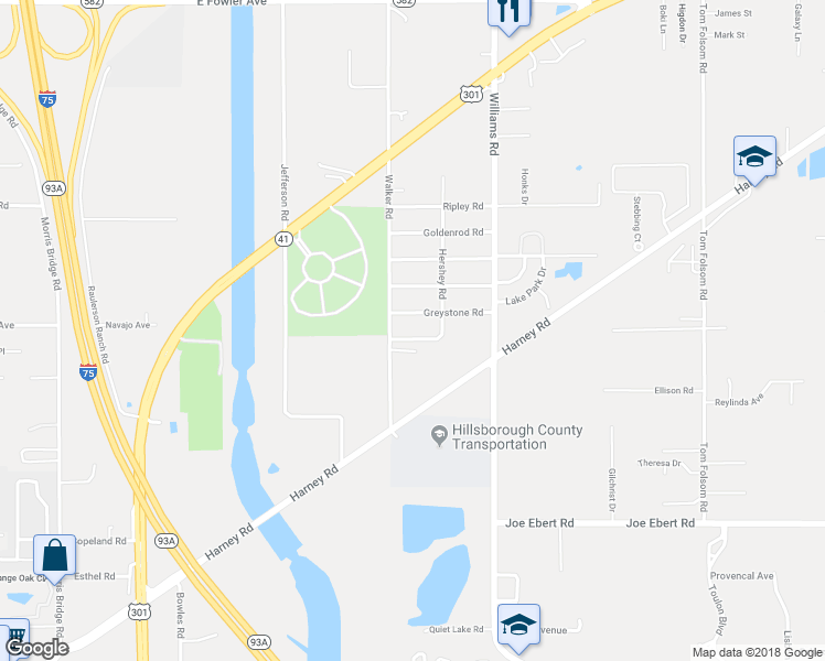map of restaurants, bars, coffee shops, grocery stores, and more near 9318 Greyrock Road in Thonotosassa