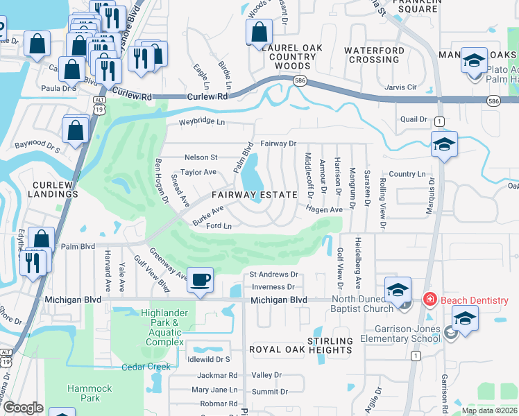 map of restaurants, bars, coffee shops, grocery stores, and more near 2281 Demaret Drive in Dunedin