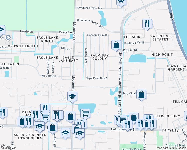 map of restaurants, bars, coffee shops, grocery stores, and more near 2313 Royal Palm Drive Northeast in Palm Bay