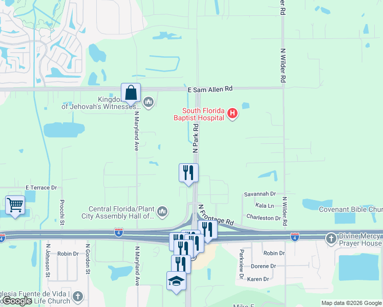 map of restaurants, bars, coffee shops, grocery stores, and more near 2619 North Park Road in Plant City