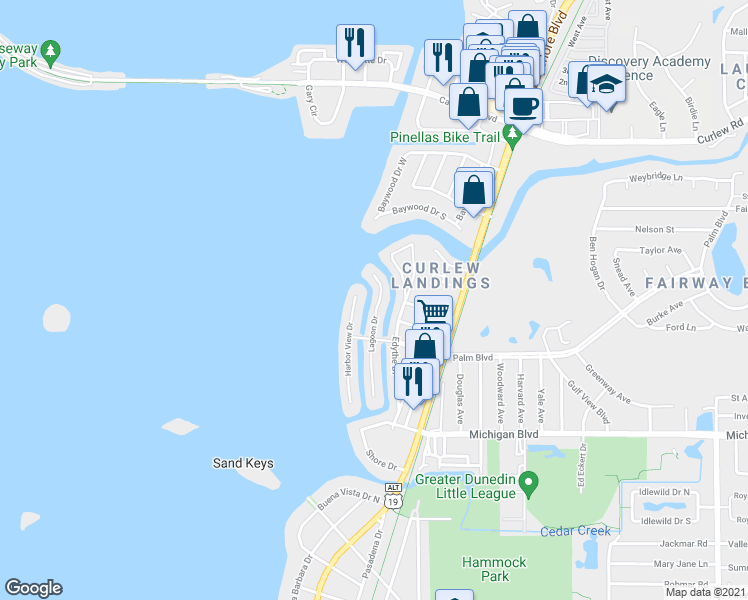 map of restaurants, bars, coffee shops, grocery stores, and more near 2250 Lagoon Drive in Dunedin