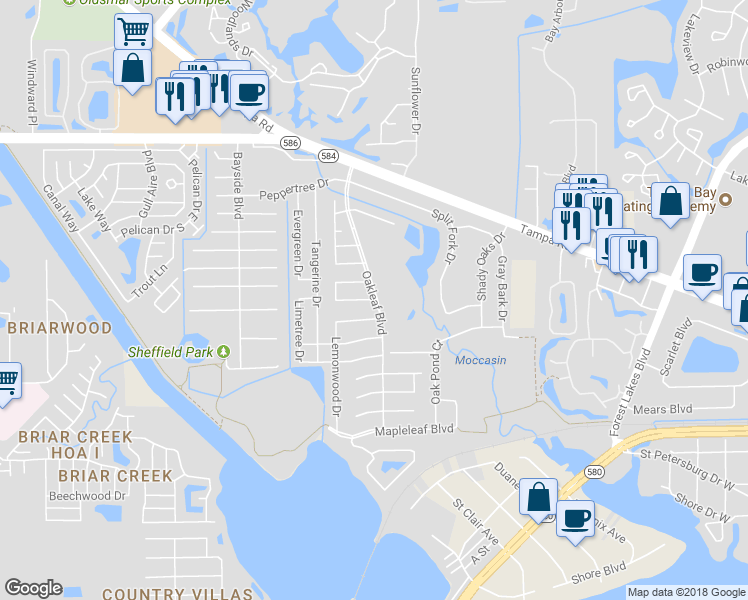 map of restaurants, bars, coffee shops, grocery stores, and more near 598 Oakleaf Boulevard in Oldsmar