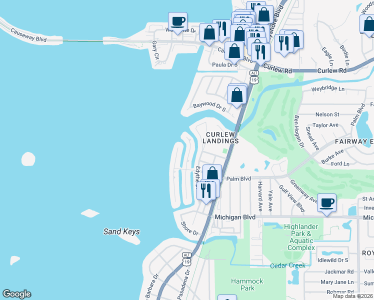 map of restaurants, bars, coffee shops, grocery stores, and more near 2250 Lagoon Drive in Dunedin