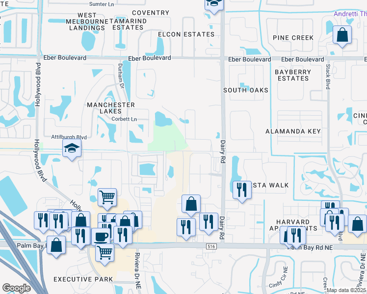 map of restaurants, bars, coffee shops, grocery stores, and more near 1618 Snicole Avenue in Melbourne