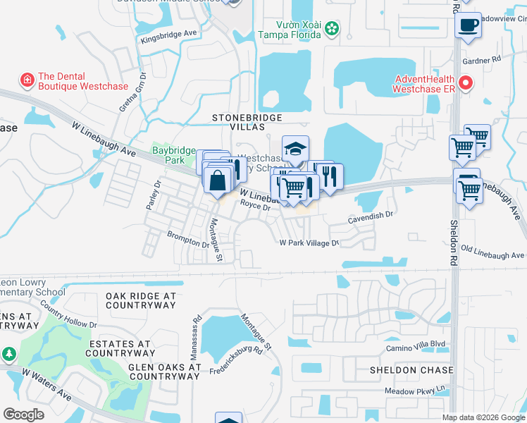 map of restaurants, bars, coffee shops, grocery stores, and more near 10111 Hayfield Way in Westchase