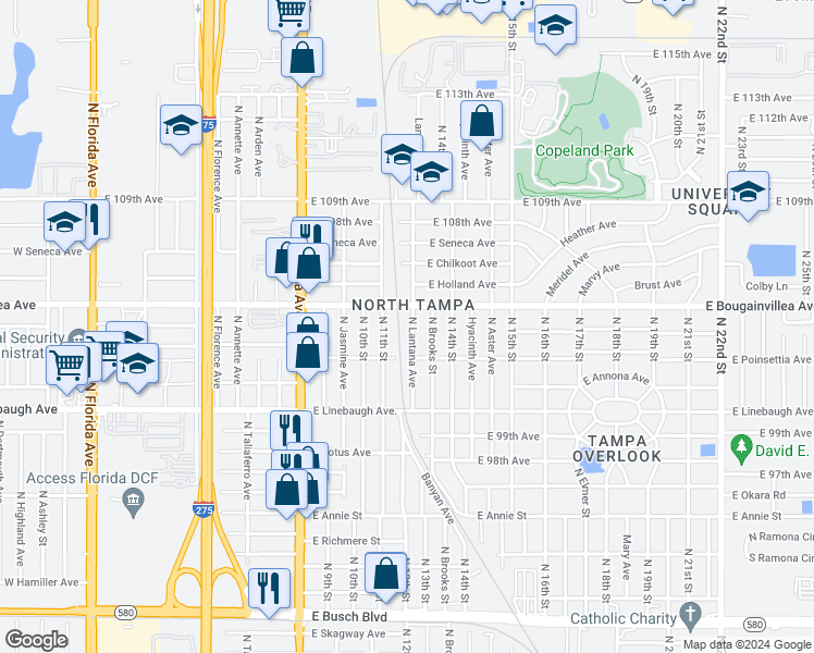 map of restaurants, bars, coffee shops, grocery stores, and more near 10116 North Lantana Avenue in Tampa