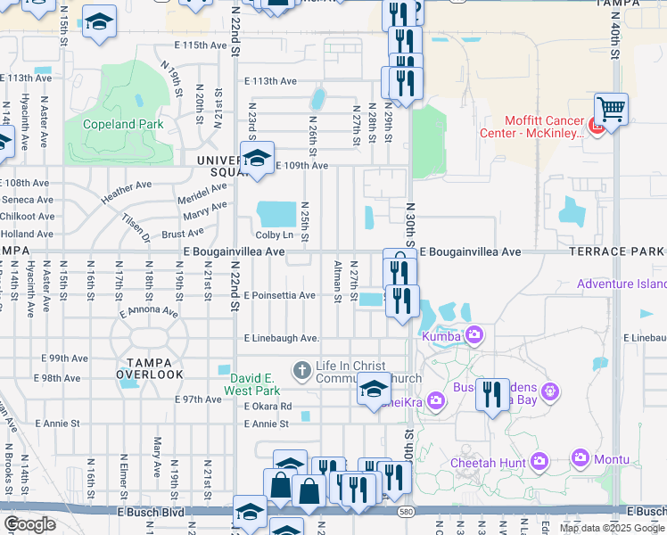 map of restaurants, bars, coffee shops, grocery stores, and more near 10209 Altman Street in Tampa