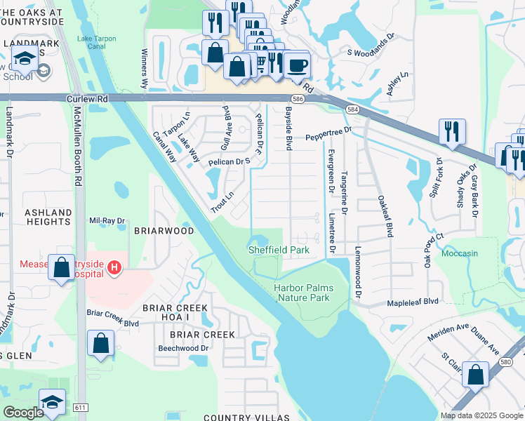 map of restaurants, bars, coffee shops, grocery stores, and more near 2042 Sheffield Court in Oldsmar