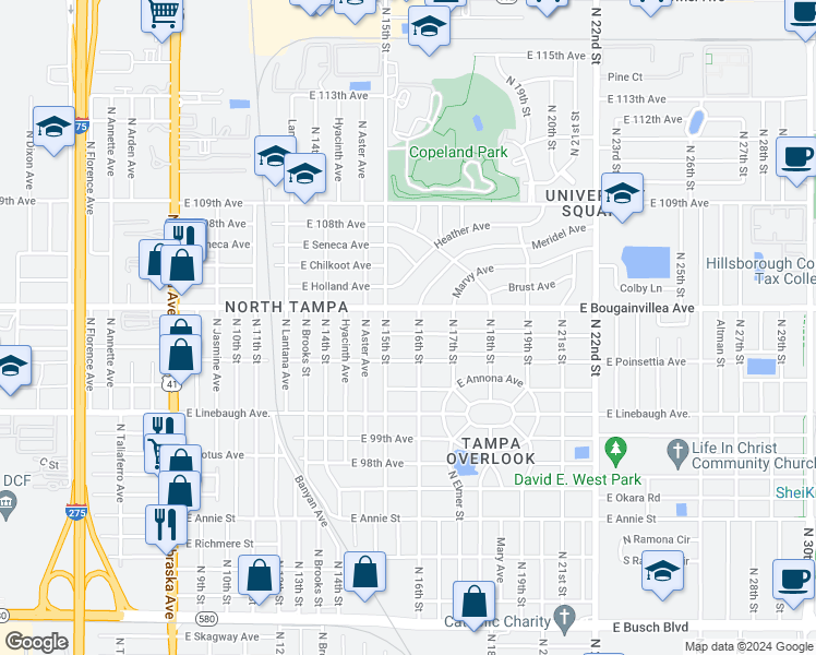 map of restaurants, bars, coffee shops, grocery stores, and more near 1510 East Navajo Avenue in Tampa