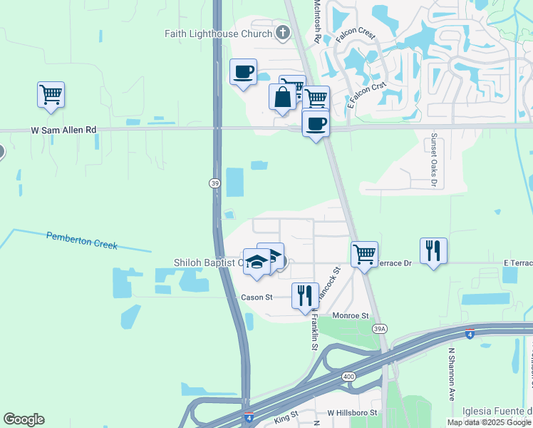 map of restaurants, bars, coffee shops, grocery stores, and more near 1003 Oakland Heights Avenue in Plant City