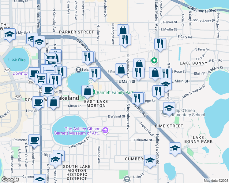 map of restaurants, bars, coffee shops, grocery stores, and more near 923 East Lemon Street in Lakeland
