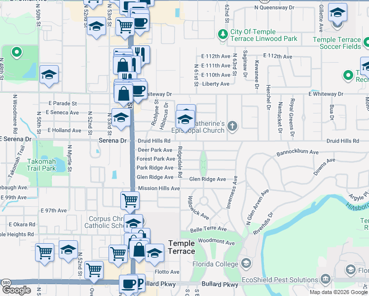 map of restaurants, bars, coffee shops, grocery stores, and more near 301 Deer Park Avenue in Temple Terrace