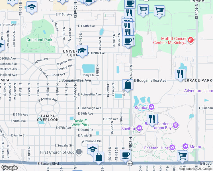map of restaurants, bars, coffee shops, grocery stores, and more near 10209 Altman Street in Tampa