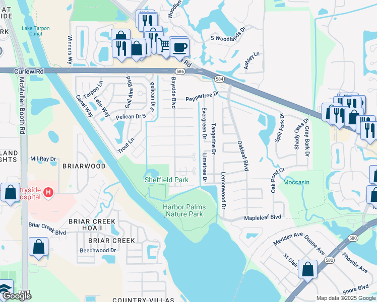 map of restaurants, bars, coffee shops, grocery stores, and more near 1916 Sheffield Court in Oldsmar