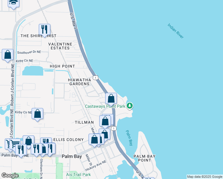 map of restaurants, bars, coffee shops, grocery stores, and more near 3901 Dixie Highway Northeast in Palm Bay