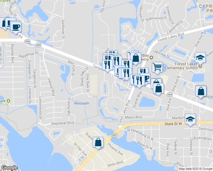map of restaurants, bars, coffee shops, grocery stores, and more near 46 Emerald Bay Drive in Oldsmar