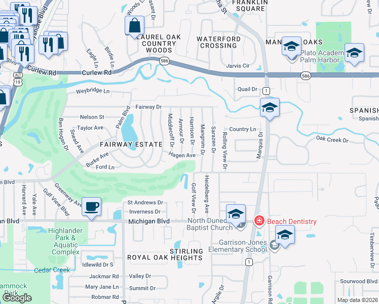 map of restaurants, bars, coffee shops, grocery stores, and more near 1434 Hagen Avenue in Dunedin