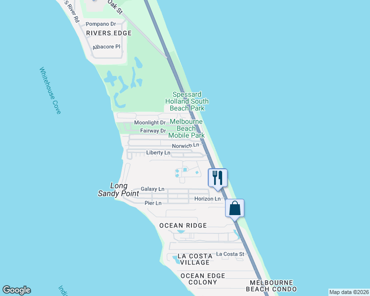 map of restaurants, bars, coffee shops, grocery stores, and more near 217 Liberty Lane in Melbourne Beach