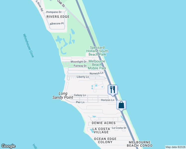 map of restaurants, bars, coffee shops, grocery stores, and more near 241 Liberty Lane in Melbourne Beach