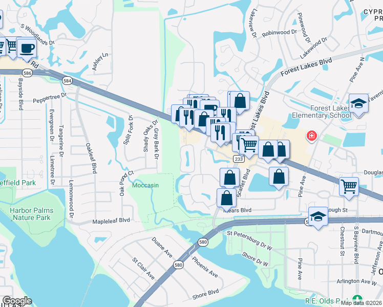 map of restaurants, bars, coffee shops, grocery stores, and more near 64 Emerald Bay Drive in Oldsmar