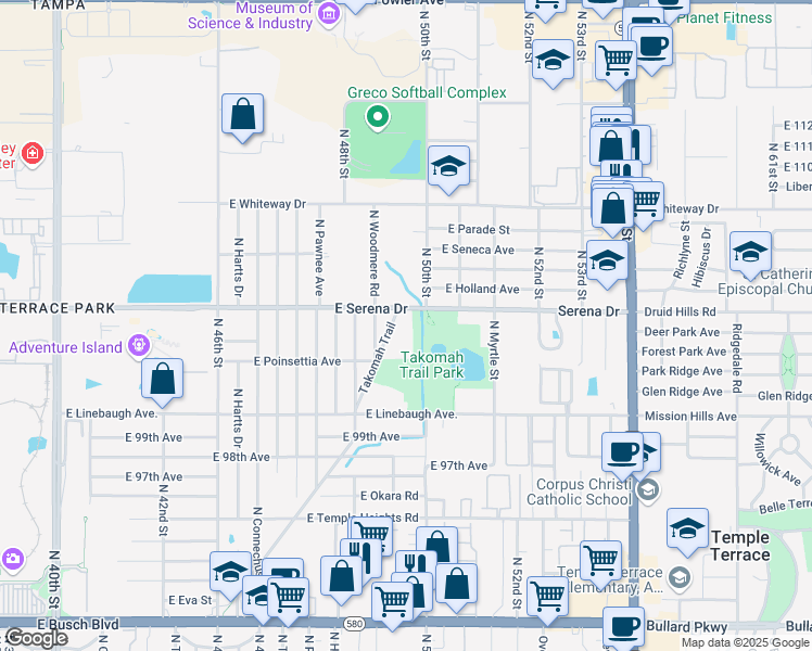 map of restaurants, bars, coffee shops, grocery stores, and more near 10215 Takomah Trail in Tampa