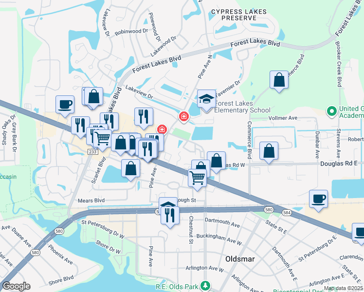 map of restaurants, bars, coffee shops, grocery stores, and more near 318 Vista Cruiser Lane in Oldsmar