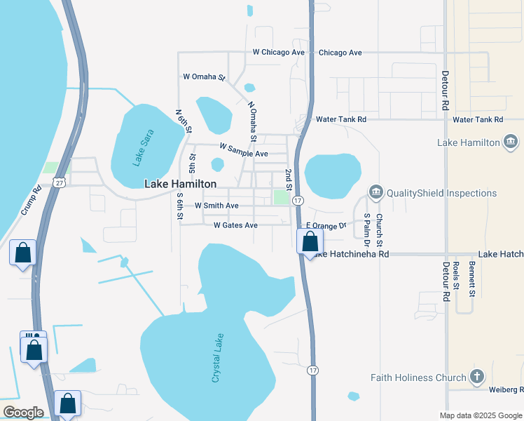 map of restaurants, bars, coffee shops, grocery stores, and more near 205 West Gates Avenue in Lake Hamilton