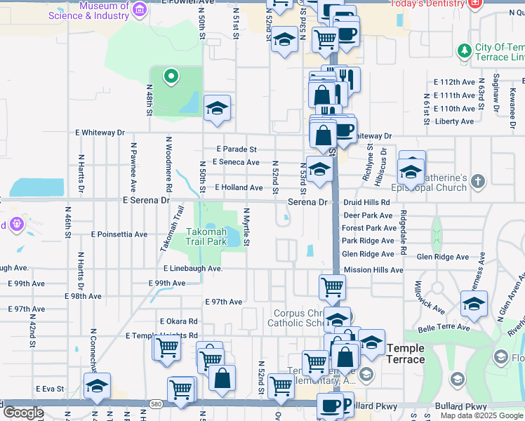 map of restaurants, bars, coffee shops, grocery stores, and more near 10314 Councils Way in Temple Terrace