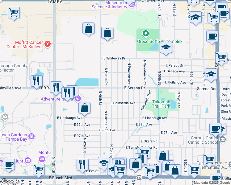 map of restaurants, bars, coffee shops, grocery stores, and more near 4616 East Navajo Avenue in Tampa