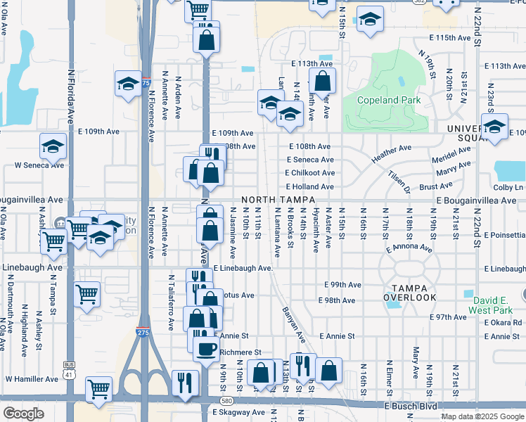 map of restaurants, bars, coffee shops, grocery stores, and more near 10109 North 11th Street in Tampa