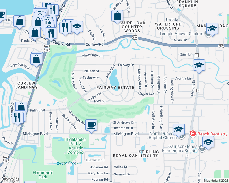 map of restaurants, bars, coffee shops, grocery stores, and more near 2281 Demaret Drive in Dunedin